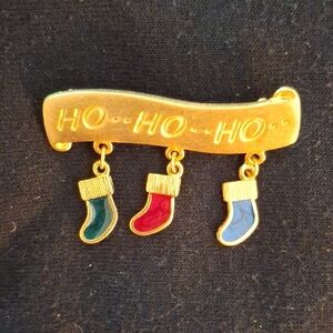 Gold and Green Holiday Decor Brooch with Festive Stockings